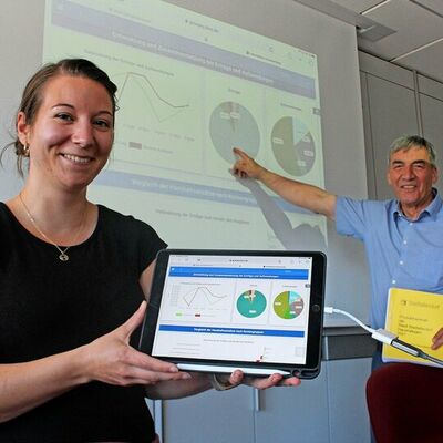 Sarah Wieber und Bürgermeister Christian Somogyi stellen den interaktiven Haushalt vor